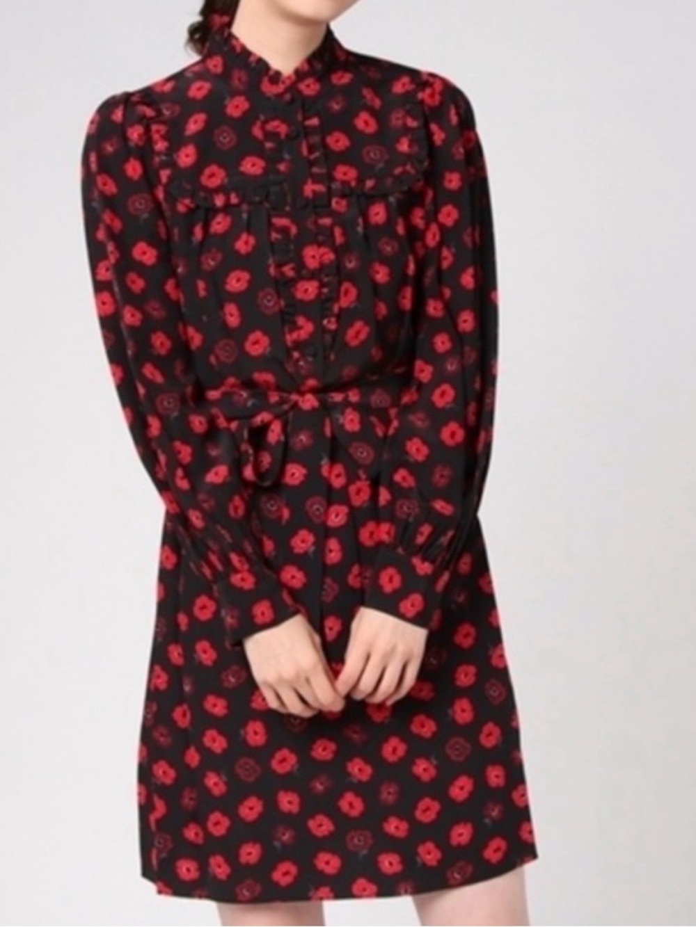 Kate Spade Black & Red Floral Long-Sleeve Tie-Waist Dress